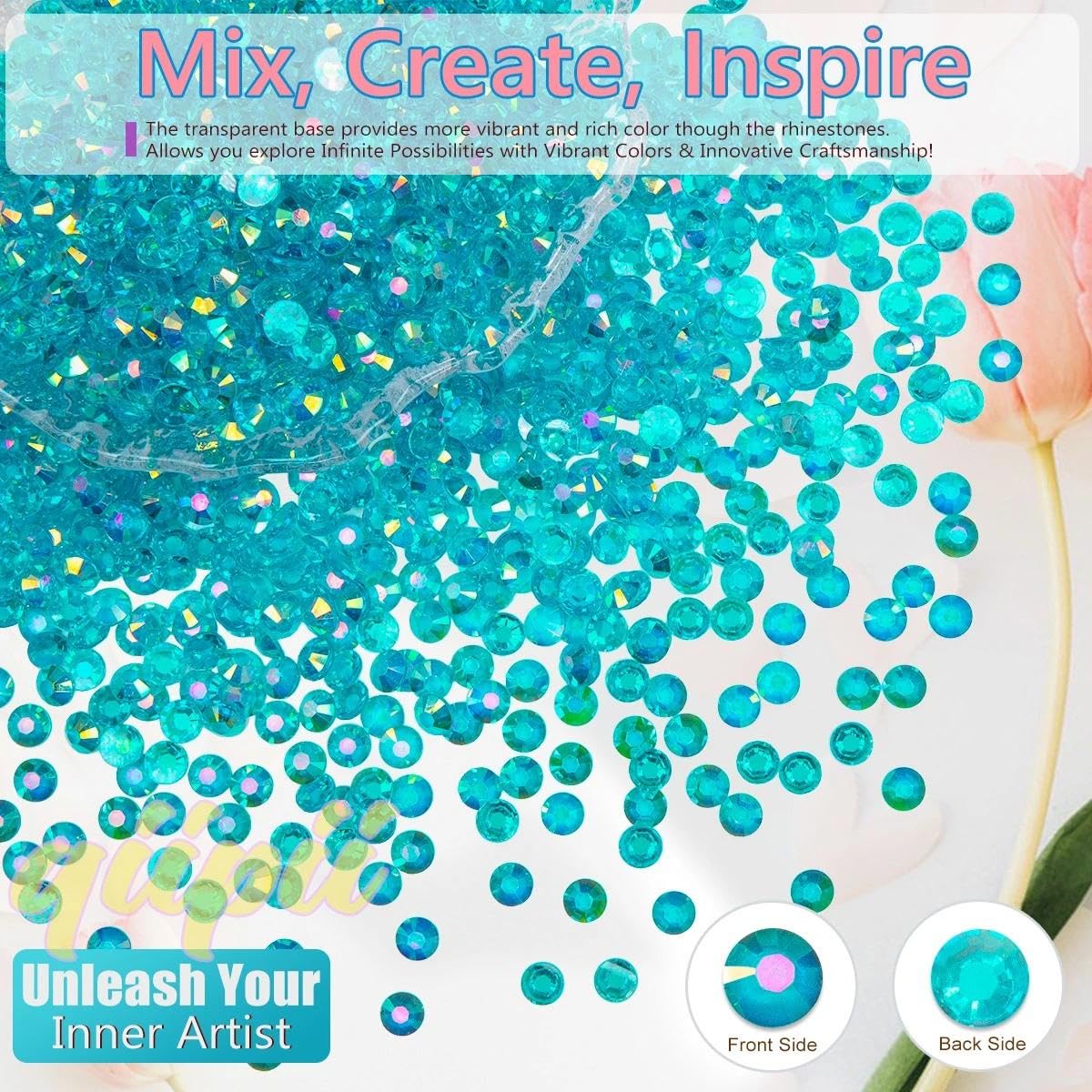 Transparent Teal Blue AB Resin Rhinestones for Crafting 3mm 4mm 5mm Clear Turquoise Blue Flatback Jelly Stones Bulk SS10 SS16 SS20 Diamonds Gems for Nails Face Eyes Makeup Tumblers DIY Crafts