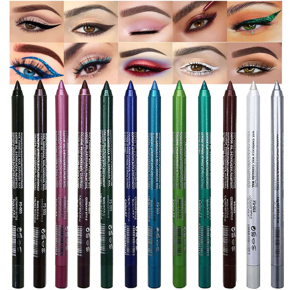 evpct 12Pcs Green Blue White Black Brown Purple Color Gel Glitter Eyeliner Pencils Set for Women Waterline Waterproof Smudge Proof lapiz de ojos delineador de ojos contra el agua Eye Liner Makeup 1