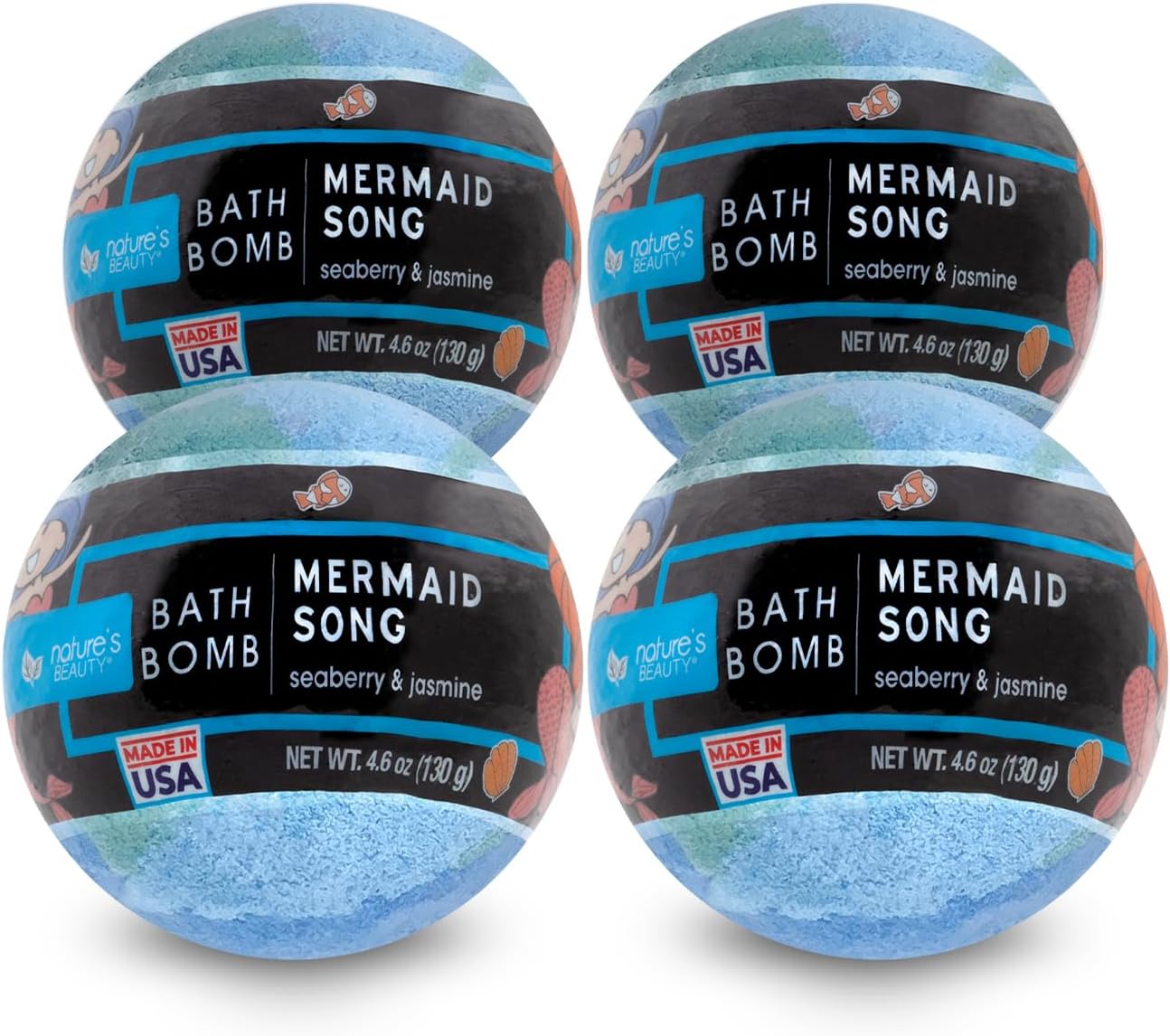 Nature's Beauty Mermaid Song, Seaberry & Jasmine Scent Bath Bomb for Kids Multi-Pack - Natural Hand Crafted, Non-Staining, Fun Bubbly Fizzy Spa Bomb, Made w/Coconut Oil + Witch Hazel, 5.5oz (4 Pack)