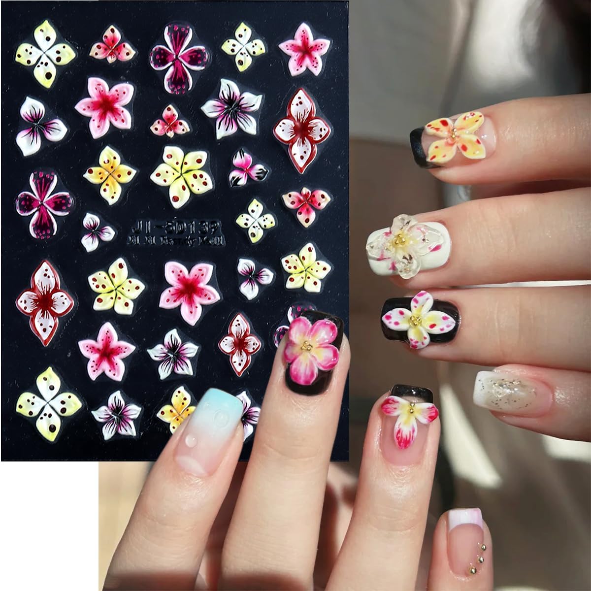 Flower Nail Stickers 5D Embossed Lily Flower Stickers for Nails Hibiscus Self Adhesive Floral Nail Decals Gold Flower Nail Charms Vacation Nail Design Pegatinas para Uñas 4 Sheet