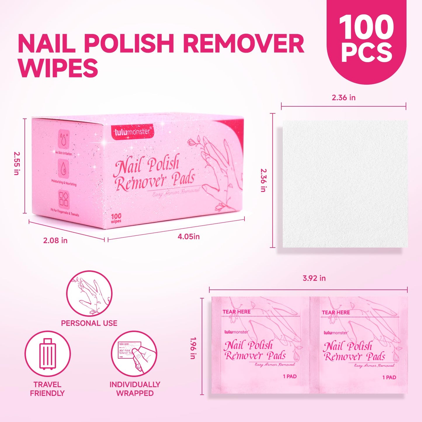 Nail Polish Remover Pads 100 Pack Gel Nail Polish Remover Wipes - Individually Wrapped - Quick Nail Polish Remover Wipes - Fingernail Travel Kit to Clear Nail Polish for Home & Professional Removal