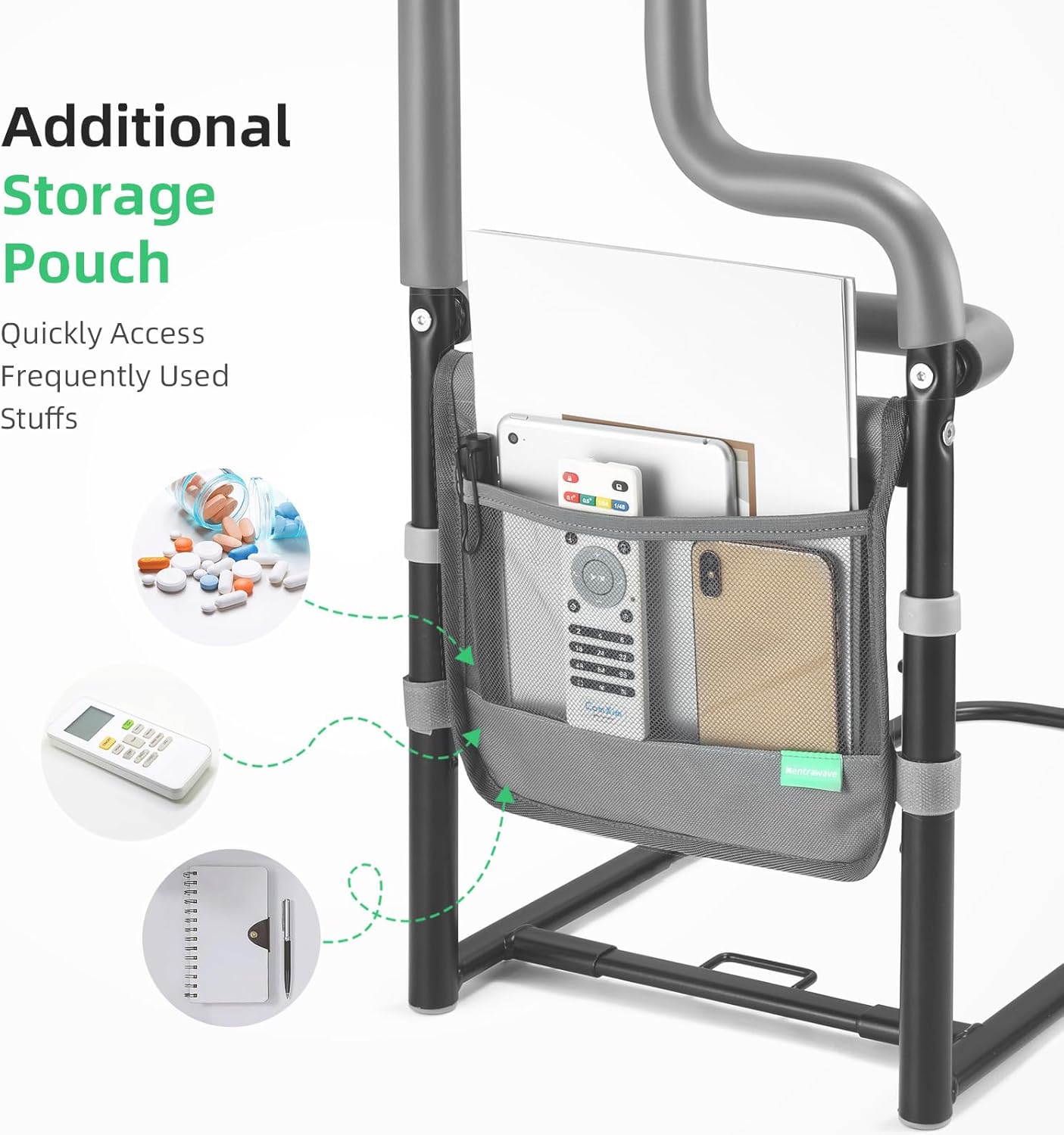 Dual Bar Bed Rail for Elderly Adults Safety with Storage Pocket, Bed Assist Rail for Seniors for Easily Getting in & Out of Bed, Bed Rails Fits King, Queen, Full, Twin Bed - Grey