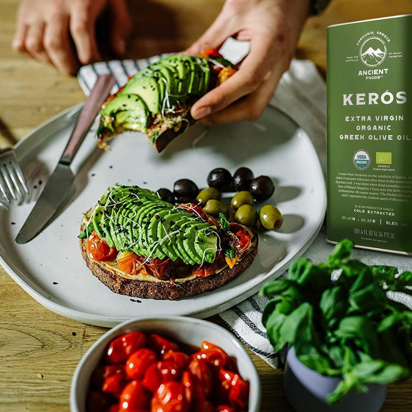 Ancient Foods Keros Greek Organic Extra Virgin Olive Oil – Cold Pressed Olive Oil from Greece, High Phenolic Organic Olive Oil from 1000 Year Old Trees (101oz, 3L)