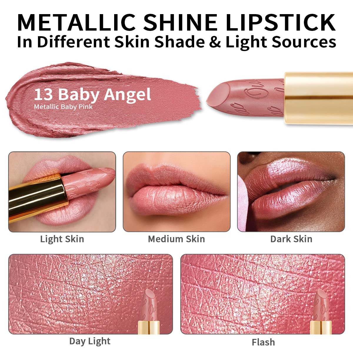 Oulac Light Pink Lipstick for Women with Metallic 3D Shine Lightweight Hydrating Formula, High Impact Lip Color, Vegan Beauty, Full Coverage Lip Makeup, Christmas Gifts for Women, Baby Angel(13)