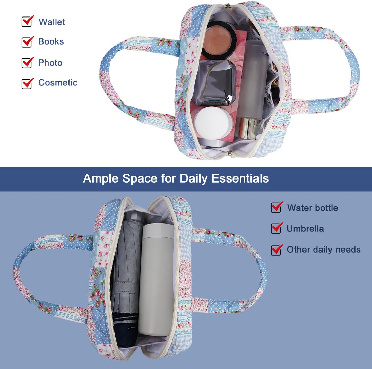 Cute Quilted Floral Makeup Bag(2Pcs)，Coquette Aesthetic Cosmetic Bag，Travel Toiletry Bags， Kawaii Aesthetic pouch for Women (15-GridRose)