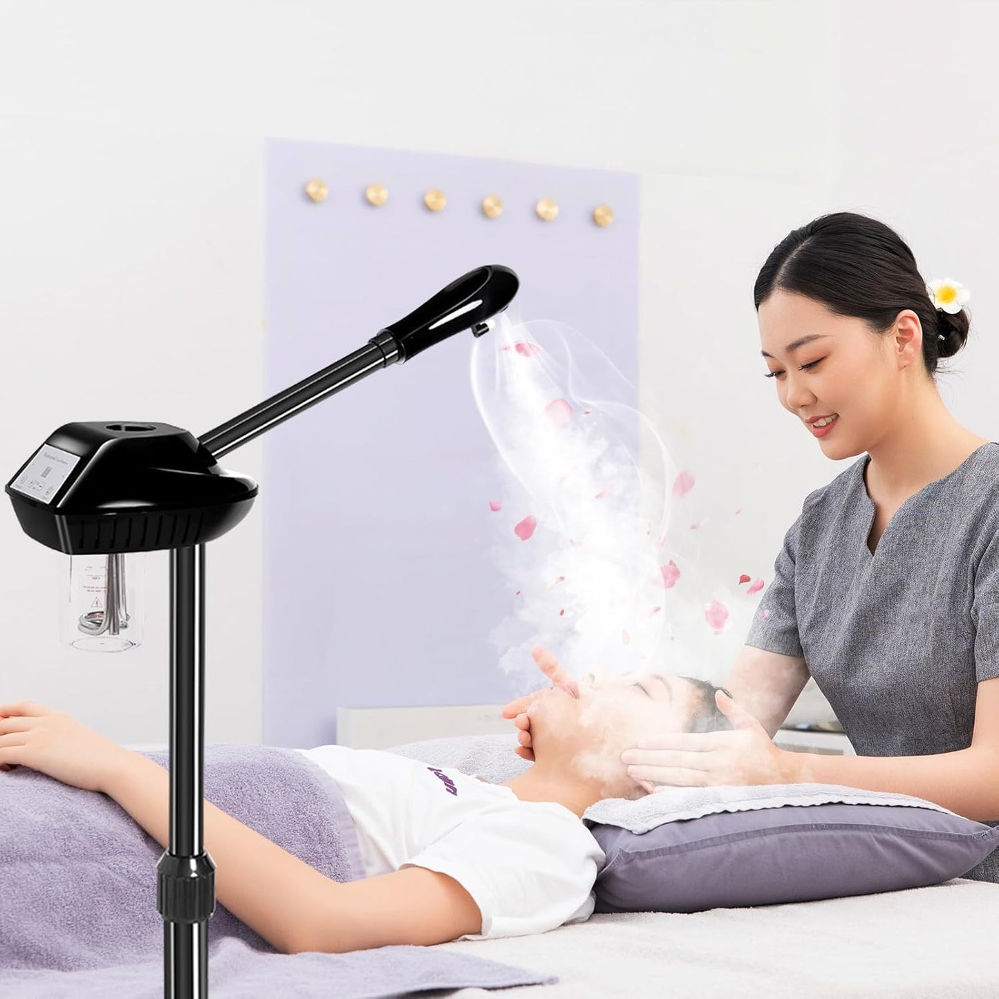 Professional Facial Steamer with More Steam for Deep Cleansing and Hydration, Face Steamer on Wheels with Time Setting, Estheticians Steamer Adjustable Height for Beauty, Spa and Home Use（Black）