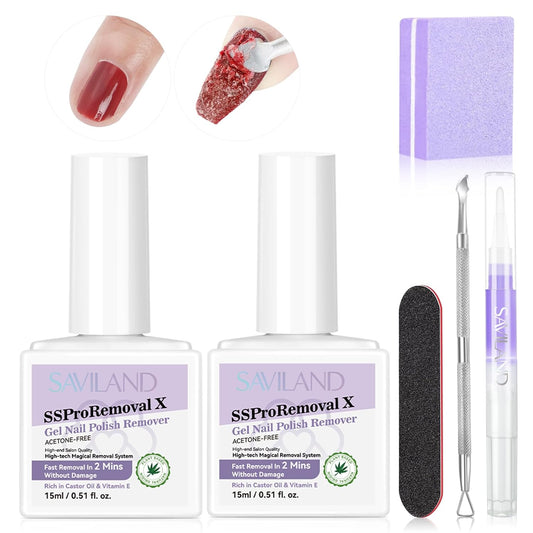 SAVILAND Gel Nail Polish Remover Kit: 2Pcs SSProRemoval X Fast Gel Remover in 2 Mins Castor Oil VE Gel Nail Remover for Acrylic Dip Nails with Complete Removal Tools Home Salon Use Home