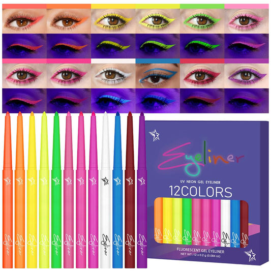 evpct 12 Colors UV Neon Gel Eyeliner Pencil Makeup Set Kit, Rainbow Halloween Colored Colorful Gel Eyeliners Pen Glow in Dark, Waterproof Long Lasting for Painting Delineador de ojos líquido de neón