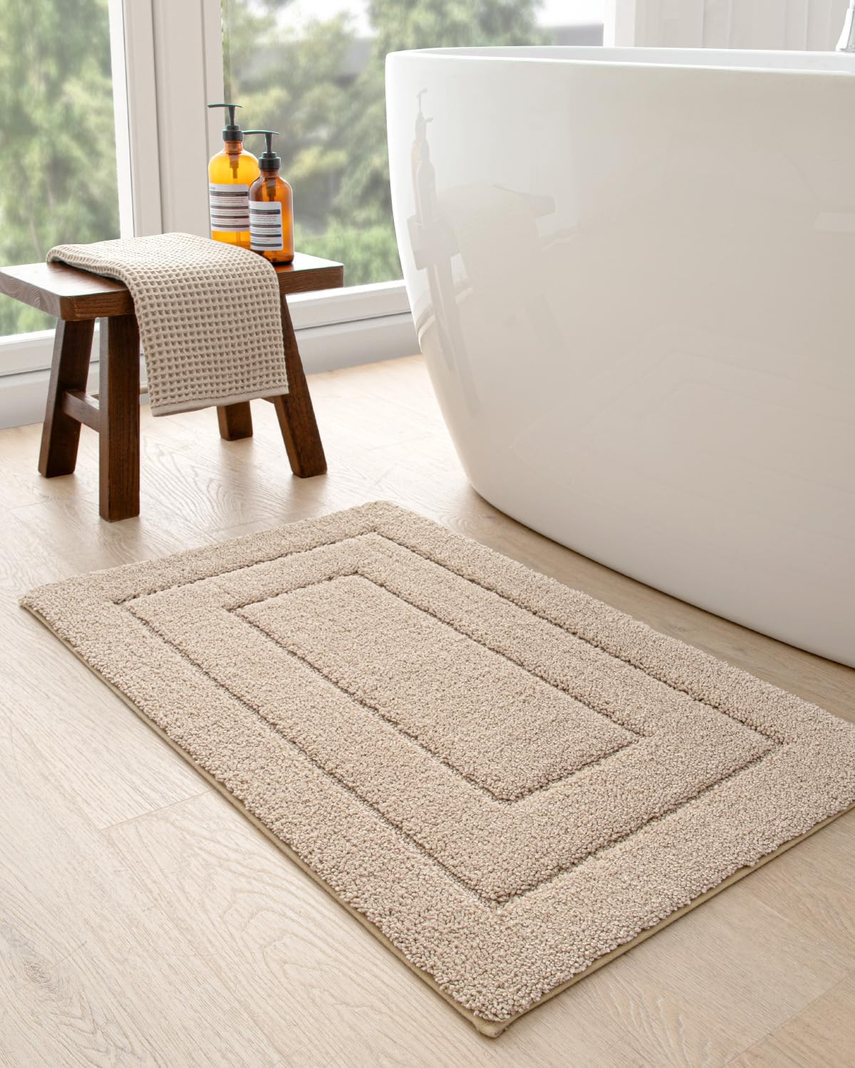 DEXI Bathroom Rug Set 4 Piece 24x16, Non Slip Washable Bath Mat for Shower Floor, Absorbent Soft Bathmat with Rubber Backing, Quick Dry Microfiber Carpet, Beige