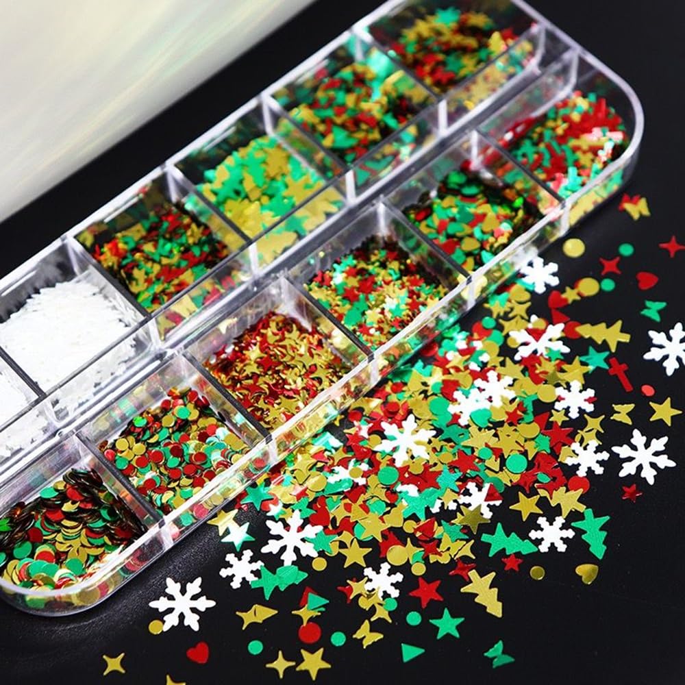 Christmas Nail Art Glitters Sequins, 3 Boxes Holographic Snowflake Nail Art Flakes Red Green White Winter Snowflake Star Glitter Sticker Decals Manicure DIY Xmas Decorations 36 Styles