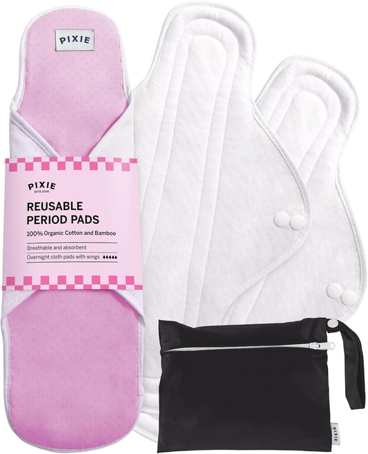 Pixie Cotton Cloth Pads - 100% Organic Reusable Cotton -Ranked 1 for Softest Menstrual Sanitary Napkins - Machine Washable & Includes Free Wet Bag - Menstrual Liner (Overnight)