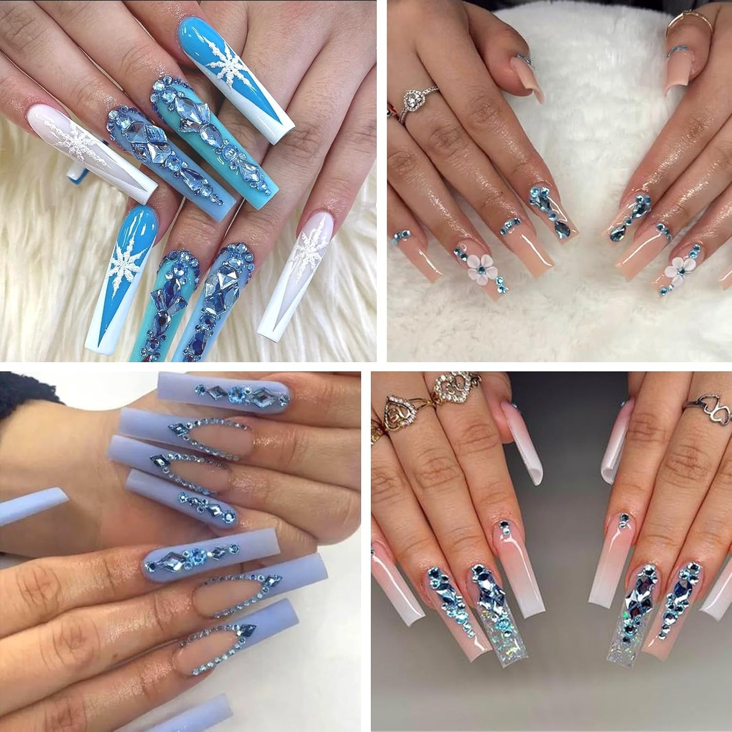 Nail Rhinestones - 3D Multi Shape Size, Flat Back, Crystals Manicure Rhinestones Charms, Light Blue Nail Gems, with Kit, for Nail Art, Bedazzling Acrylic Nails, DIY Decor