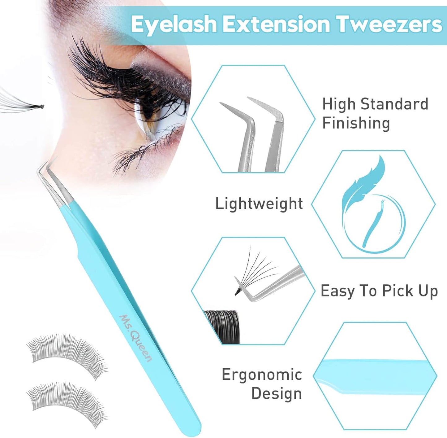 Ms.Queen Lash Tweezers for Eyelash Extensions, Precision Fiber Tip 90 Degree Tweezers for Mega Volume Lashes Extensions, Blue