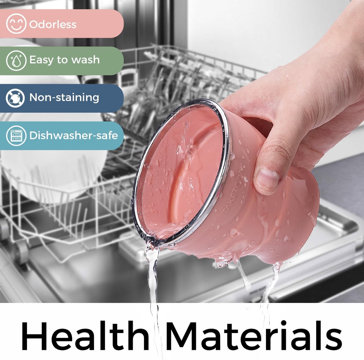 TakeToday Collapsible Travel Cup - Silicone Foldable Water Cup, BPA-Free with Lid & Waterproof Bag - Drinking Cup Set for Camping, Outdoors & International Travel（8 Oz, Lowcountry Peach）