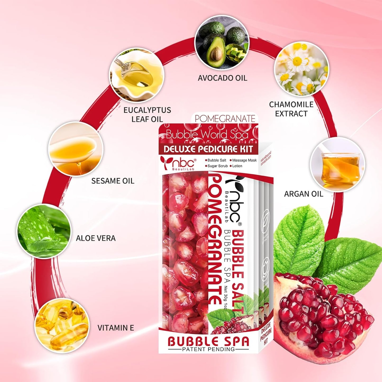 Pedicure Kit Foot Soak Set: Bubble Salt, Sugar Scrub, Massage Mask, Massage Lotion in a Box, 4 Step Foot Spa Kit for Dry Feet,Tired Feet (1 Set Pomegranate)