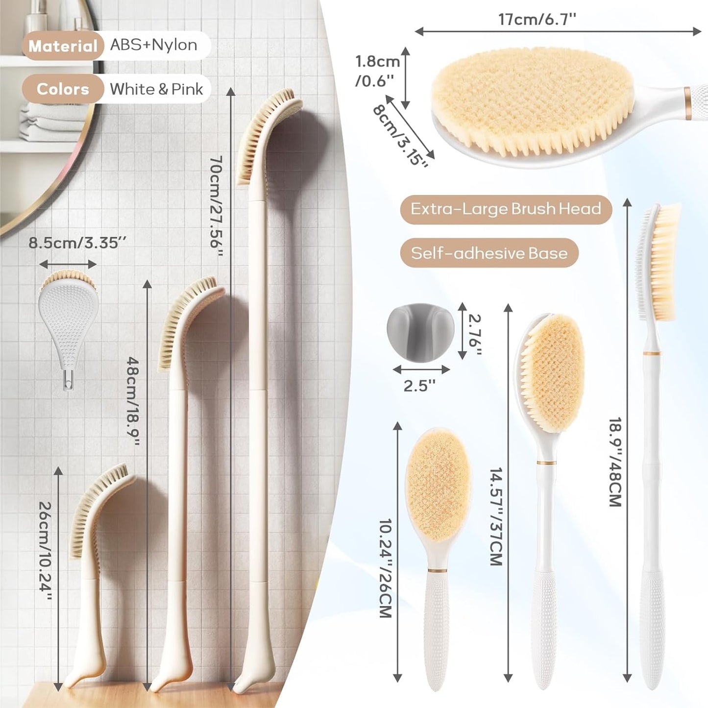 New Foot Brush & Back Scrubber Set 2PCS, 10.2''- 27.5'' Adjustable Foot Scrubber for Shower, 18.9'' Shower Back Scrubber with 3-Length Usage, Great Aid for People with Limited Mobility(White)