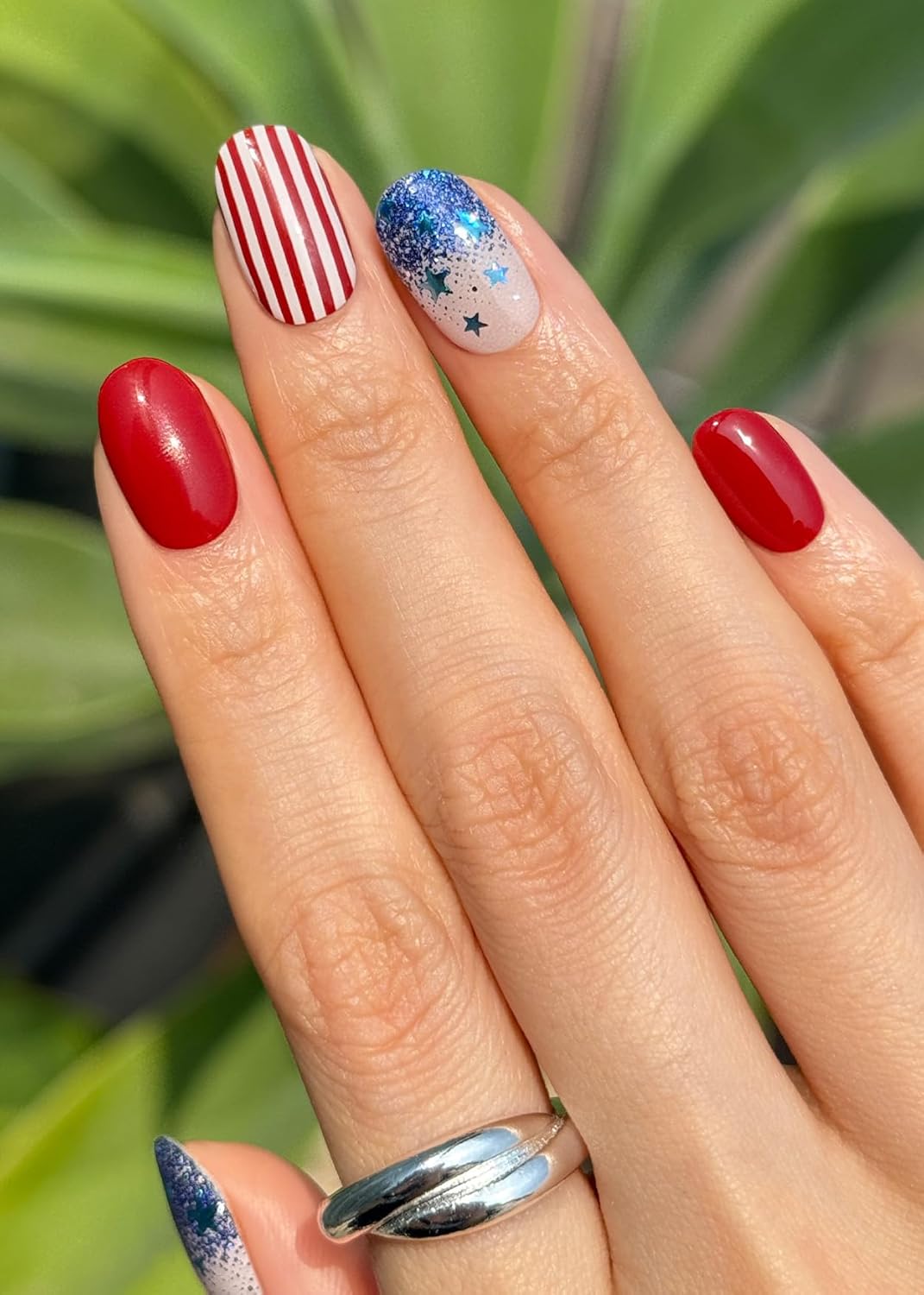 ohora Semi Cured Gel Nail Strips (N Spangled Burst) - Works with Any Lamps, Salon-Quality, Long Lasting, Easy to Apply & Remove - Includes 2 Prep Pads, Nail File & Wooden Stick