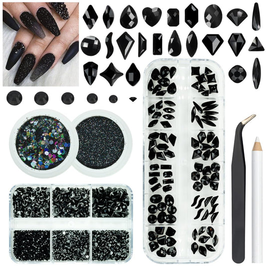 4 Boxes Jet Black Nail Rhinestones and Glitters 24 Shapes K9 Glass Flatback Gems Round Stones Diamonds Crystals Nail Art Charms for Acrylic Nails Faces Eyes Makeup DIY Crafts Tumblers Clothes Shoes