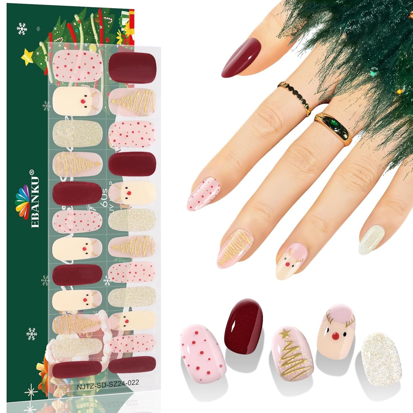 EBANKU 24PCS Christmas Semi-Cured Gel Nail Strips, Christmas Elk TreeAdhesive Gel Nail Art Sticker, Waterproof Gel Nail Wrap Stickers with Nail File and Stick