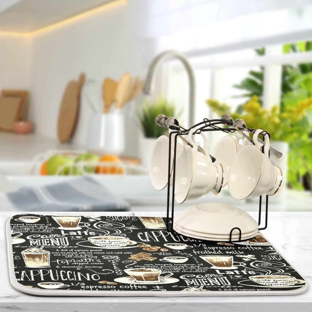 Coffee Black Dish Drying Mat for Kitchen Coffee Beans Maker Cappuccino Latte Chocolate Microfiber Drying Mats Absorbent Reversible Dish Pad Medium Dish Draining Mat 16x18 inch