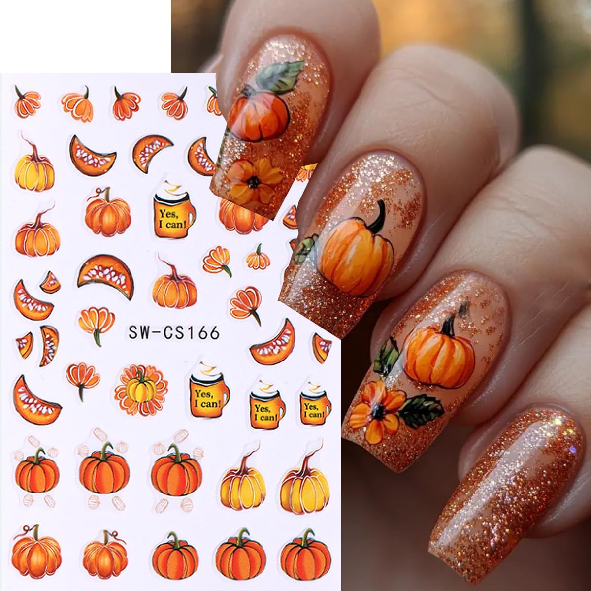 Pumpkin Nail Stickers Fall Nail Decals Maple Nail Art Stickers Glitter Leaves Nut Orange Design Thanksgiving Fall Nail Sticker for Nail Art 3D Self Adhesive for Women DIY Holiday Manicure Supplies