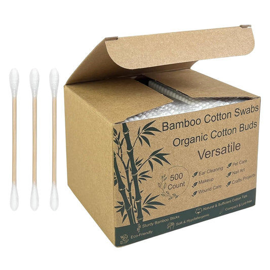 Bamboo Cotton Swabs - Sturdy Bamboo Core, Soft Cotton Tips - Disposable Swabs for Beauty, Makeup, Beauty, Skincare and Personal Care - Eco-Conscious Packaging (500 ct)