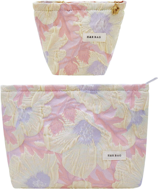 2 Pcs Makeup Bags, Large Cosmetic Bag Travel Toiletry Bag Organizer for Women, Embroidery Craft, Floral Makeup Bag Small Cosmetic Pouch Purse with Zipper Gifts for Girls Teen