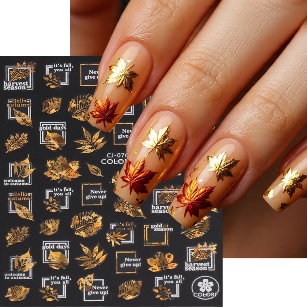 9 Sheets Autumn Nail Stickers Maple Leaf Nail Decals 3D Self Adhesive Nail Art Stickers Bronzing Laser Gold Alphabet Design Fall Thanksgiving Sticker for Nail for Women Manicure Supplies