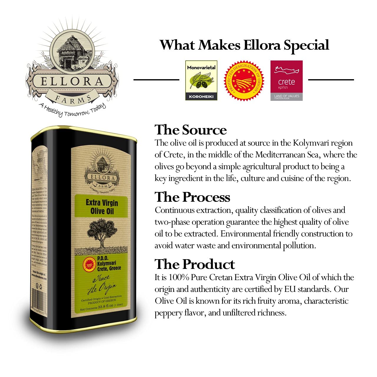 Ellora Farms Olive Oil Extra Virgin, Certified PDO Polyphenol Rich Extra Virgin Olive Oil Cold Pressed & Traceable, Global Gold Awards EVOO, Kosher, Single Origin, Crete, Greece 33.8 Fl oz (1 Ltr)