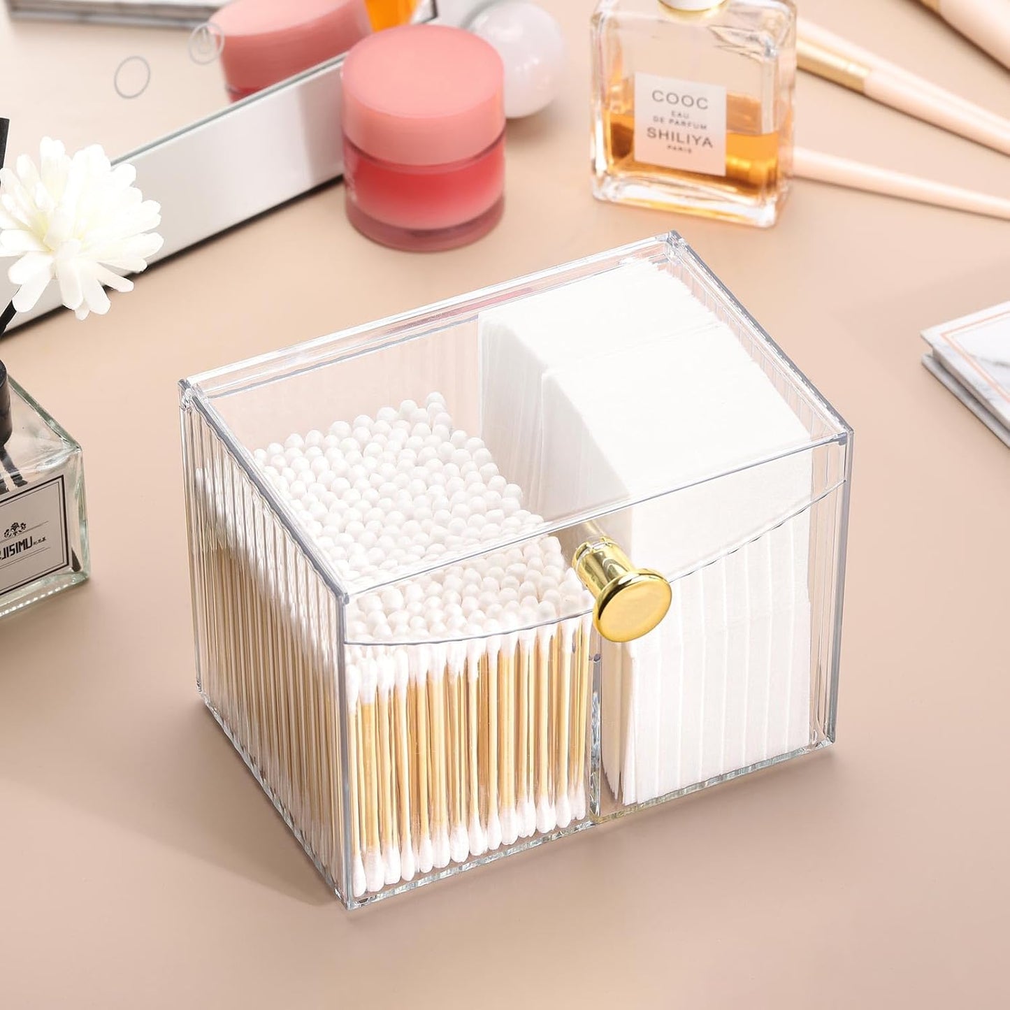 Tbestmax Qtip Holder Dispenser 2-Section Clear Bathroom Organizer 2 Grids Cotton Swab/Pad/Ball Holder Container Cosmetics Storage for Vanity