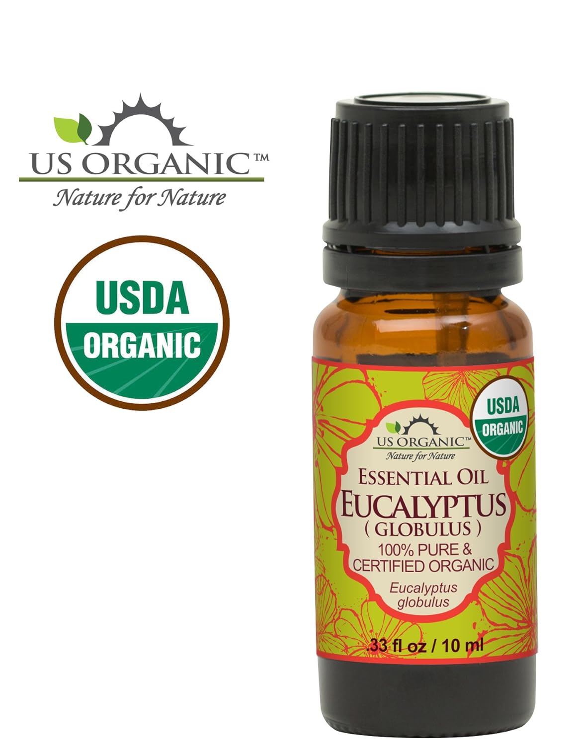 US Organic 100% Pure Eucalyptus Essential Oil (Globulus) - USDA Certified Organic, Steam Distilled - W/Euro droppers (More Size Variations Available) (10 ml / .33 fl oz)