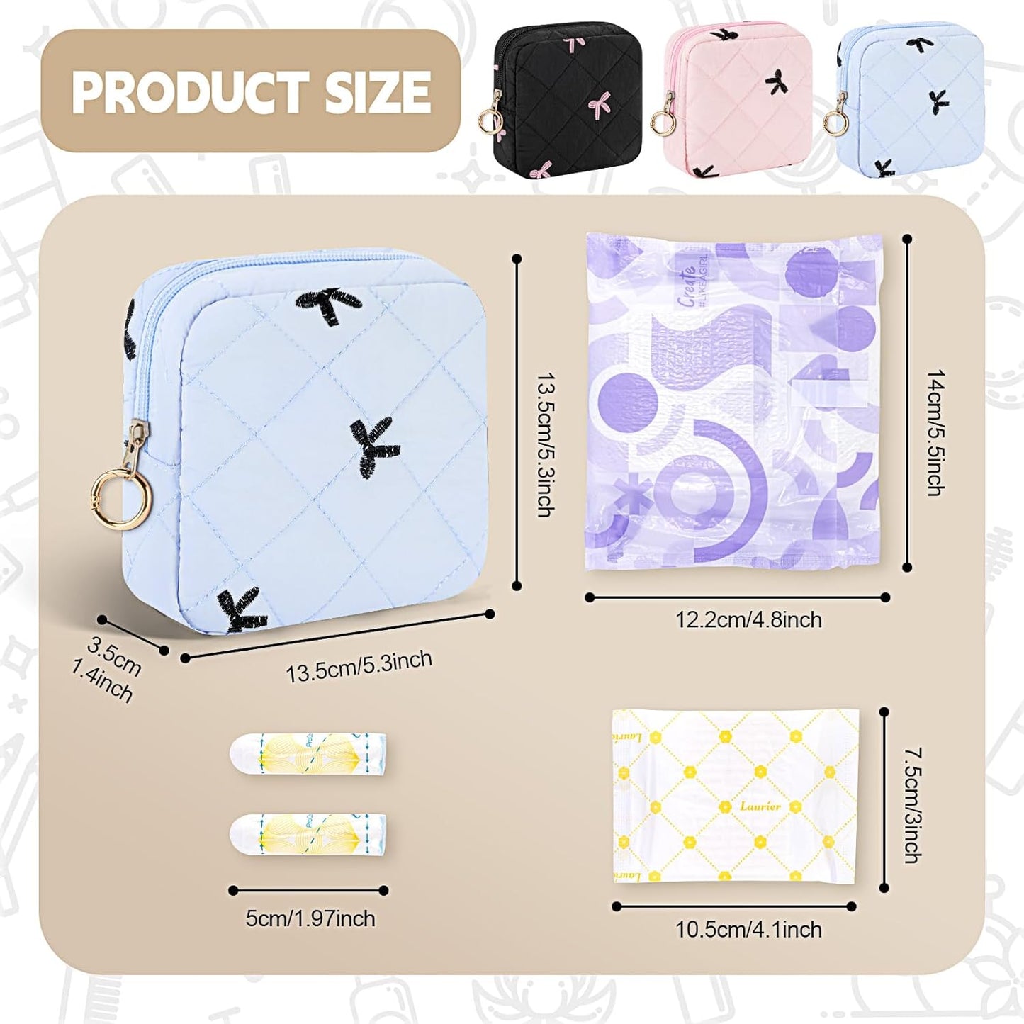 Period Bag for Teen Girls, Quilted Sanitary Napkin Storage Bag, Cute Bow Tie Menstrual Pad Pouch Tampon Holder (Blue)
