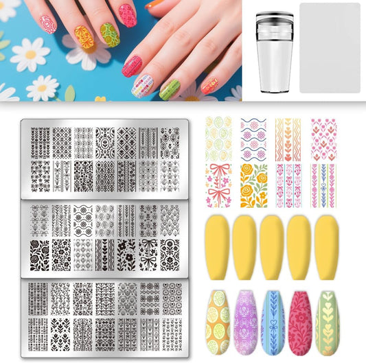 UNICRAFTALE 3Pcs Flowers Nail Plates Stamping Set Spring Bows Plants Stamp Nail Templates Reusable Stencils Stainless Steel DIY Nail Art Plates Nail Stamp Templates Kit DIY Printing Tools