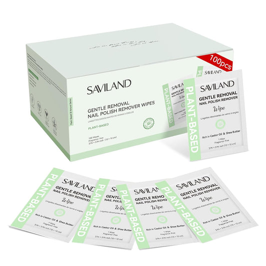 SAVILAND Plant-Based Nail Polish Remover Pads: Non Acetone Nail Polish Remover Wipes 100 Pcs Castor Oil & Shea Butter Travel Nail Kit Large Pads for Sensitive Nails Remover Salon Use