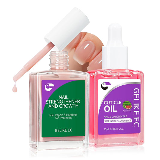 Gelike EC Professional Nail Care Kit: Nude Nail Strengthener and Growth & Watermelon Cuticle Oil (15ml) - Hydrating Protein Care for Dry Nails - Lightweight Non-Sticky - Perfect for Summer Manicures
