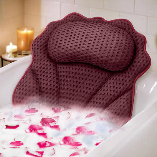 Bath Pillow RUVINCE Ergonomic Luxury Bathtub Pillow with Head,Neck, Shoulder and Back Support, 4D Bath Pillows for tub with 6 Powerful Suction Cups, Fits All Bathtub, Spa Tub, Hot Jacuzzi (Dark red)