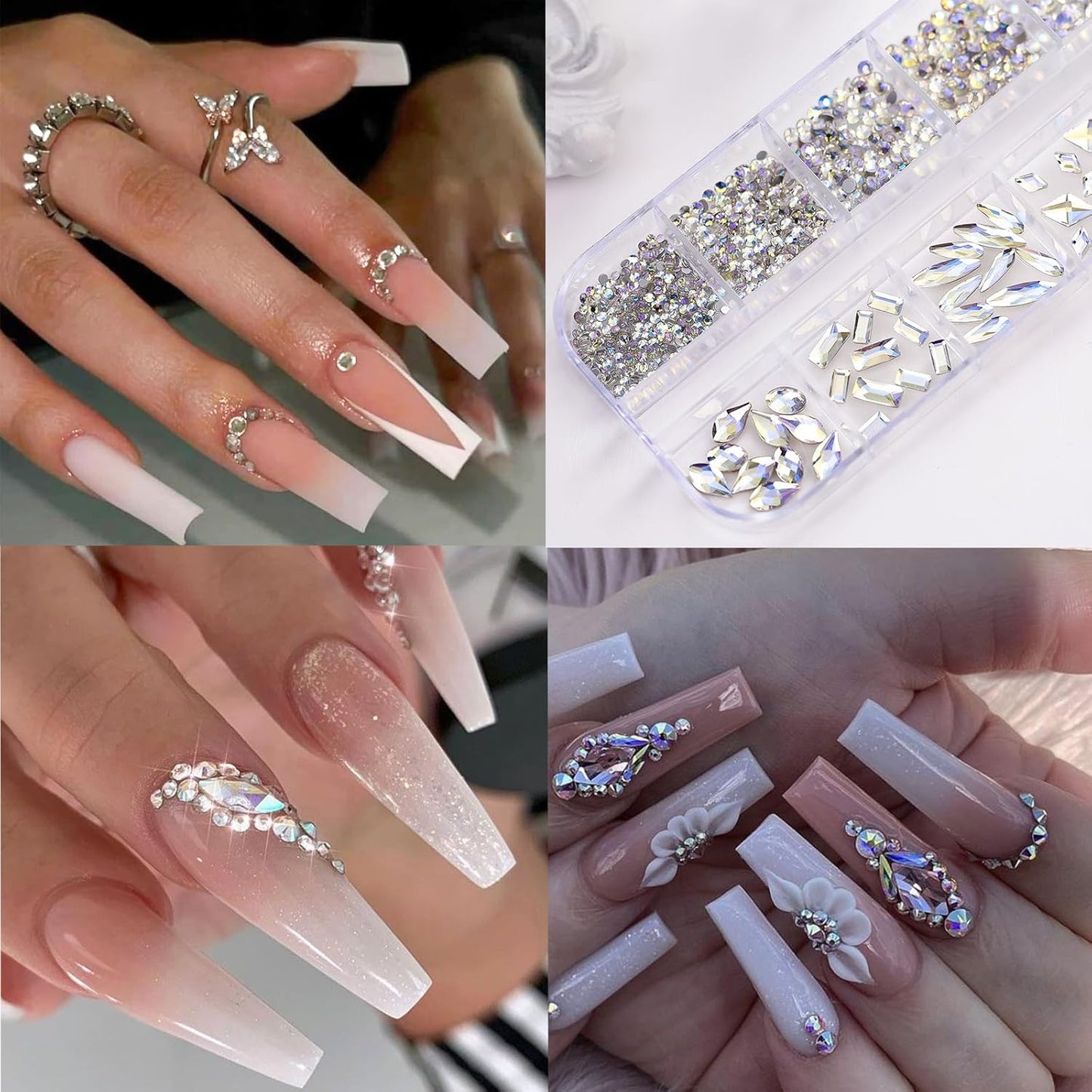 Nail Art Rhinestones for Nails, Flatback Multi Shape Gems 3D Flowers Nail Charms Mixed Nail Glitter Powder Nail Supplies Moonlight Crystal Jewelry Nail Accessories for Women Nail Decorations Design.