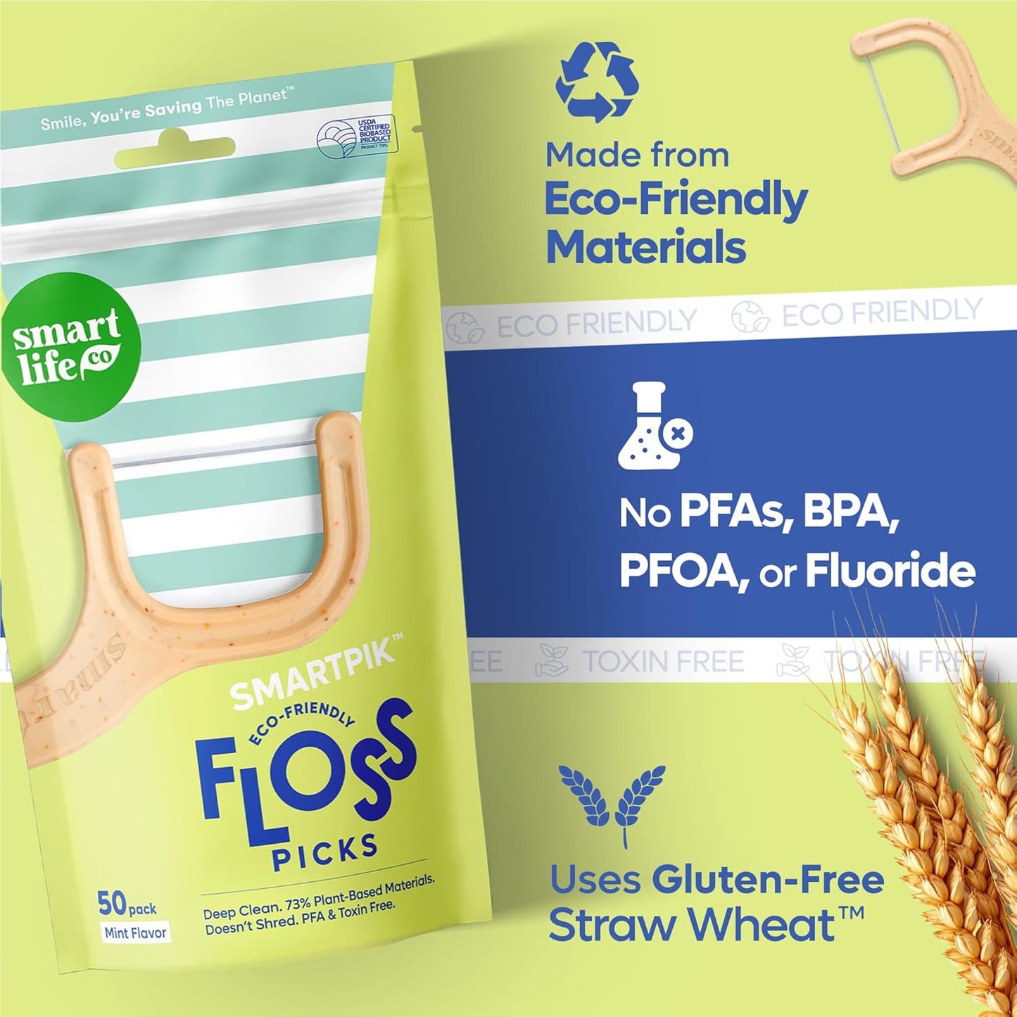 SmartLifeco Eco-Friendly Dental Floss Picks (300ct) - The Original Straw Wheat Flossers, Superior Anti-Shred Thread for Tight Gaps, Zero Waste Tooth Pick for Adults, Soft on Gum & Teeth, Vegan, Mint
