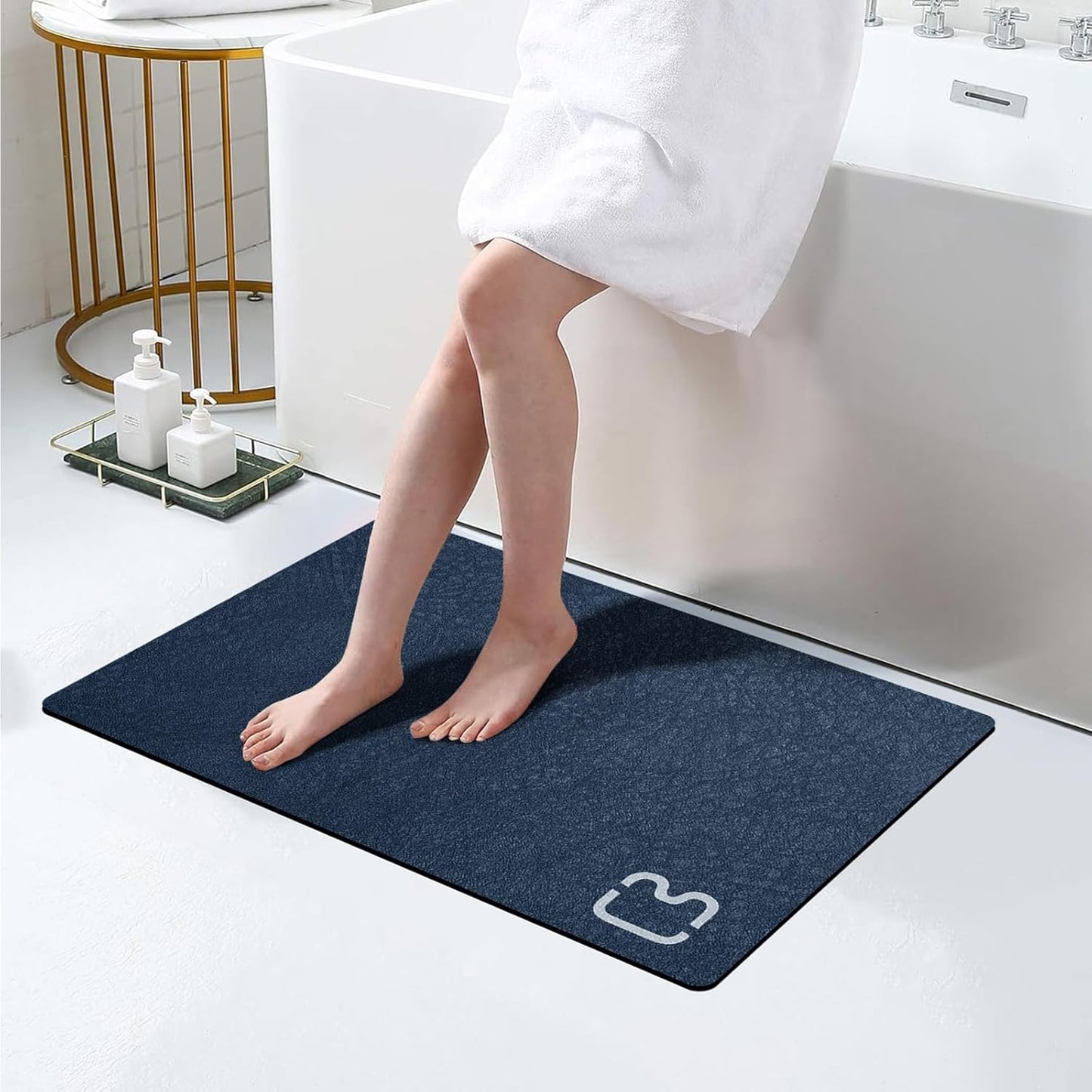 Bath Mat Rugs Quick Dry Super Absorbent Diatomaceous Earth Bath Mat Non Slip Rubber Bottom Thin Bathroom Mat Fit Under Door, Floor Rugs in Front of Bathtub,Shower Room,Sink, 17 x 32, Navy