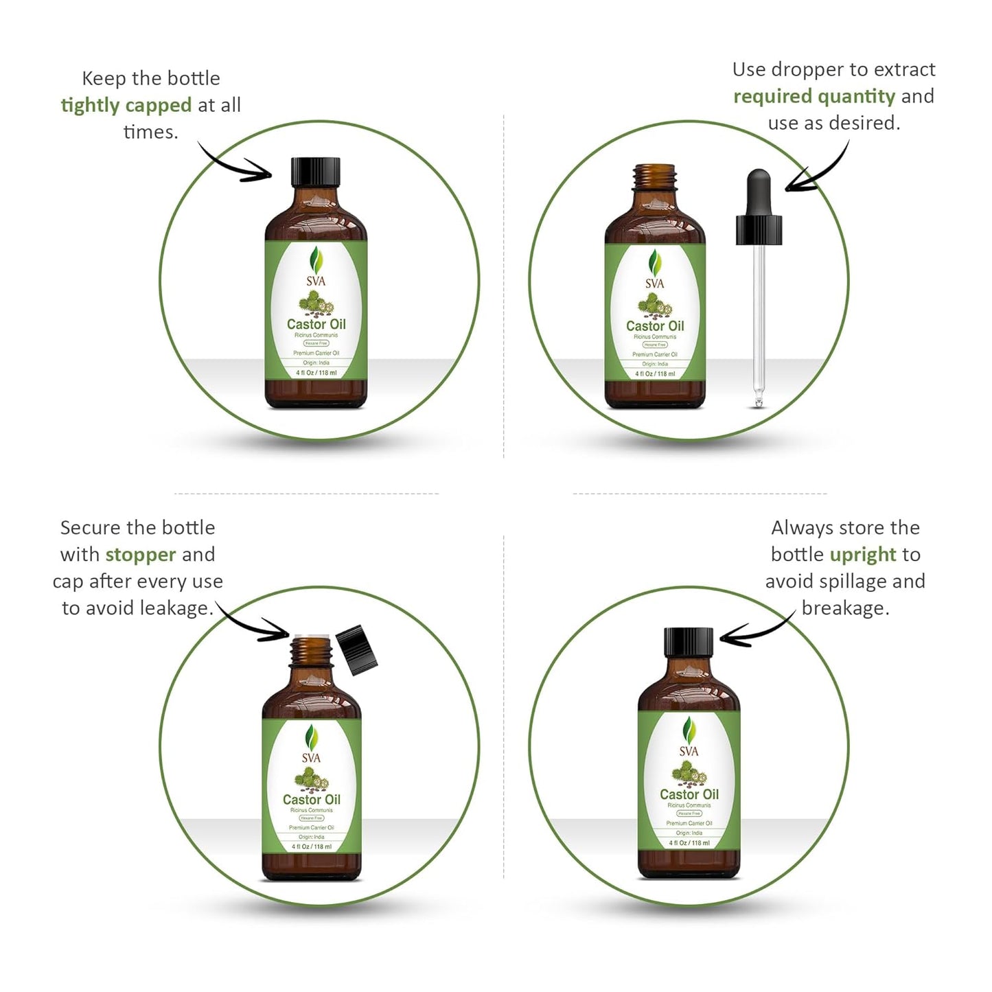 SVA Castor Seed Oil - 4 Fl Oz – 100% Natural Cold Pressed Castor Oil - for Face, Skin Care, Hair Care, Scalp Massage & Body Massage – Carrier Oil with Dropper