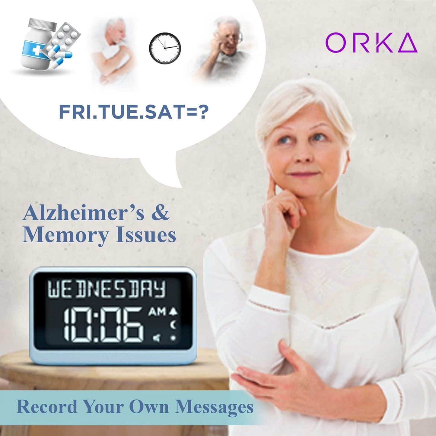 ORKA Talking Clock. Voice Recordable Ex Large Medication Pill Reminder. Talking Alarm Clock for Dementia, Hearing, Visually impaired Seniors-Digital Day Clock with Multiple Customized Alarms White