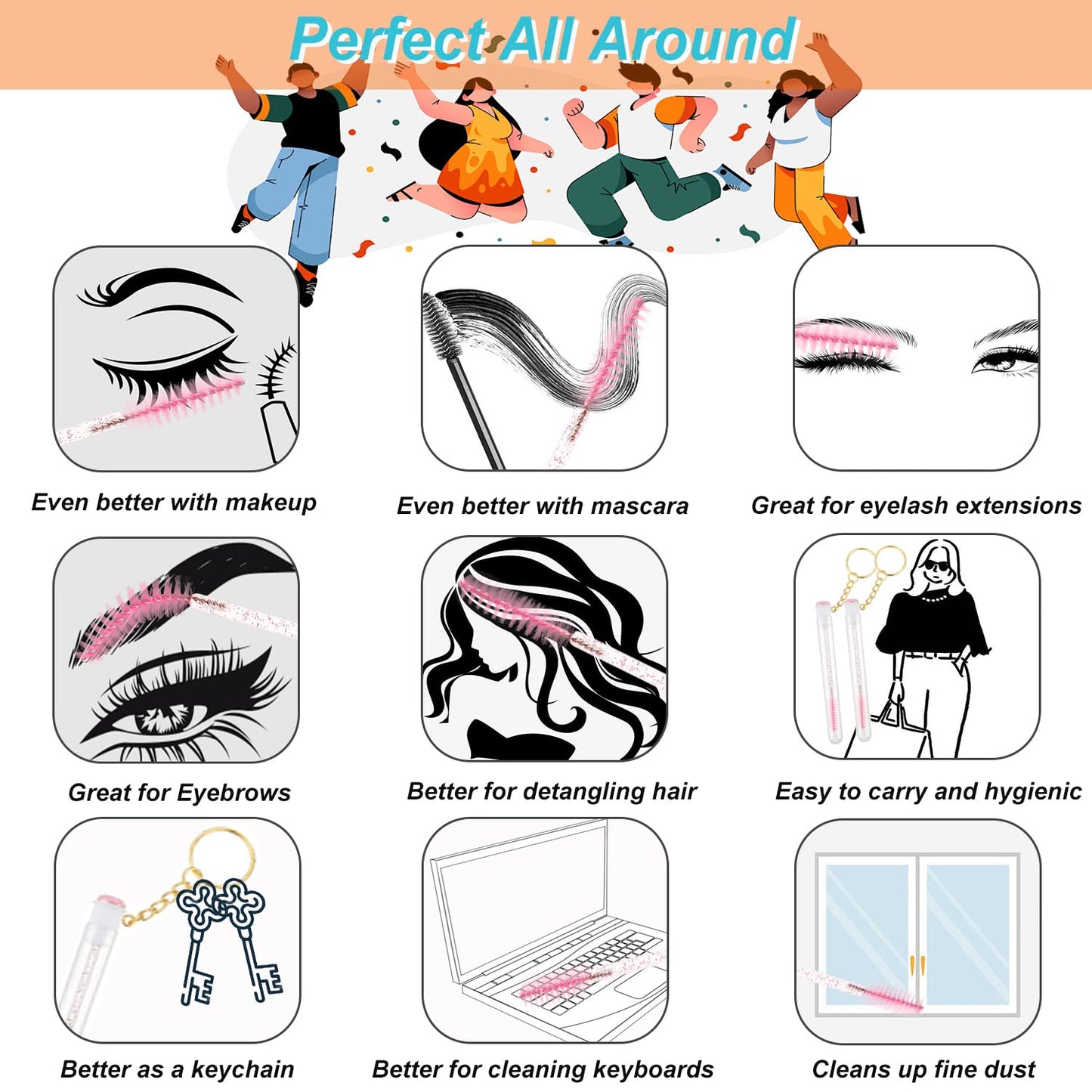 Upgrade 48 Pieces Disposable Mascara Wands Set,Include 24 Pcs Crystal Lash Spoolies Brush and 24 Pcs Reusable Keychain Empty Eyelash Brush Tubes