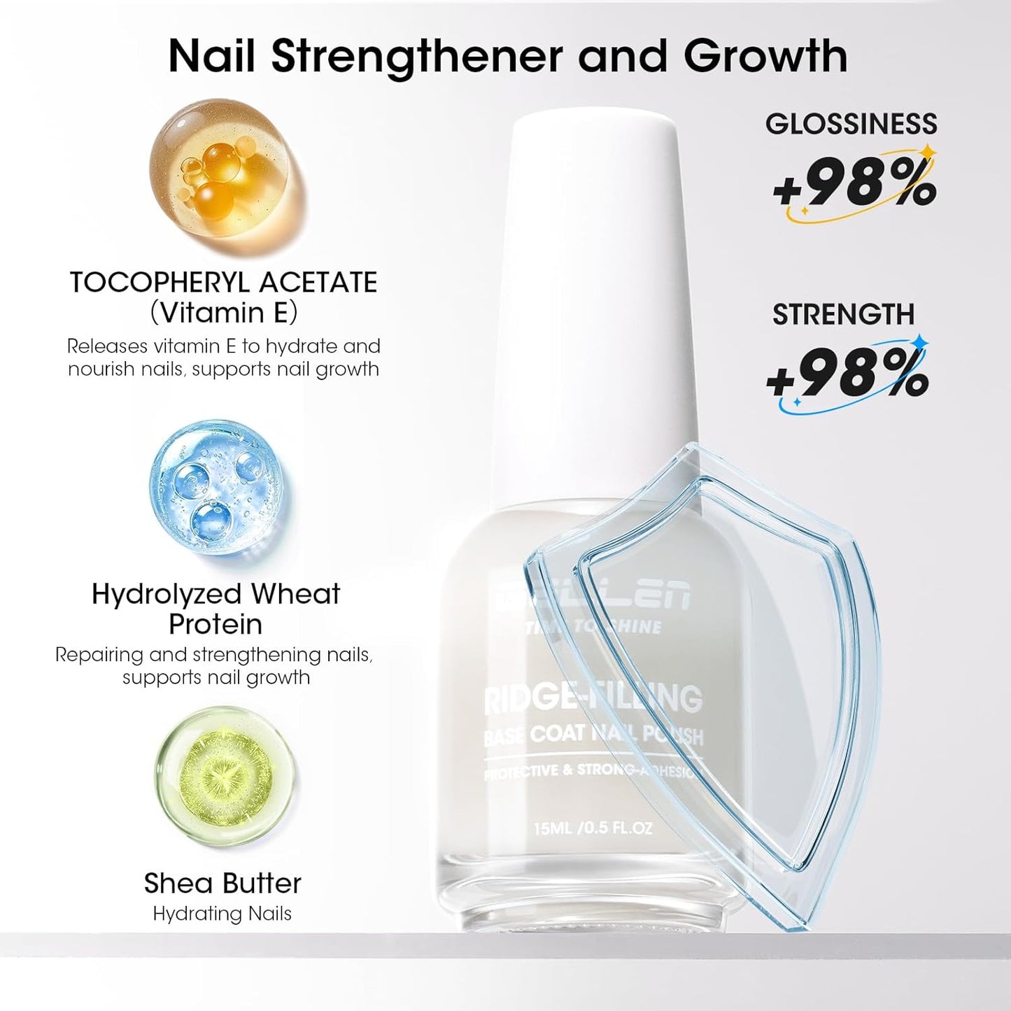 GELLEN Tinted Milky White Ridge Filler For Nails, Clear Nail Polish Ridge Filling Base Coat, Nail Strengthener and Growth, Hydrate Strengthen Nourish Damaged Dry Nails, Shea Butter & Vit E & Protein