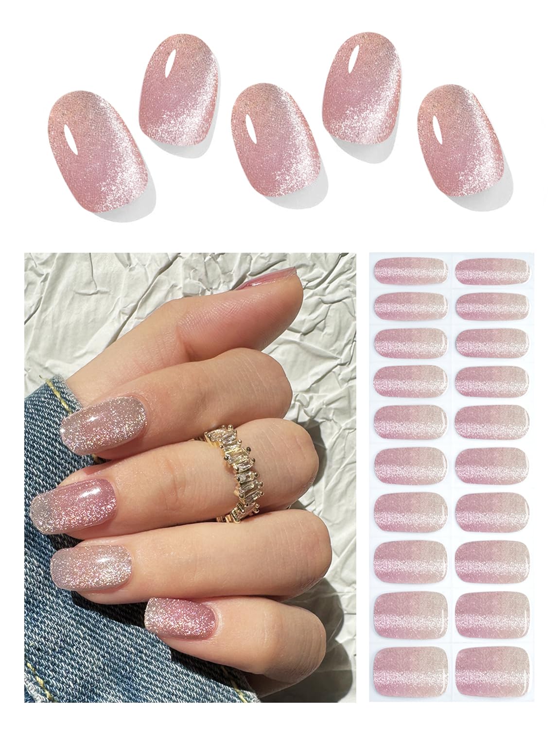 Semi Cured Gel Nail Strips, Nude Cat Eye Gradient 20pcs UV Gel Nails Sticker, Nail Wraps UV for Home Nails DIY