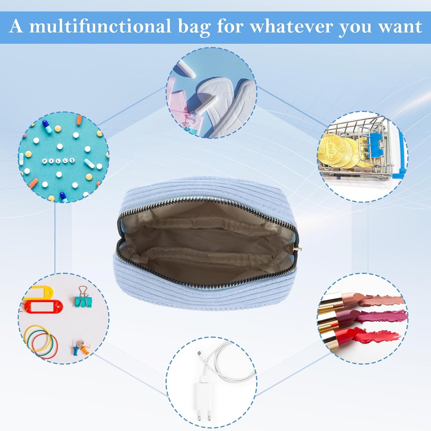 Period Bag for Teen Girls, Sanitary Napkin Storage Bag, Menstrual Bags, Corduroy Tampon Holder, Makeup Pouch with Zipper, Portable First Period Pouch (Sky Blue)