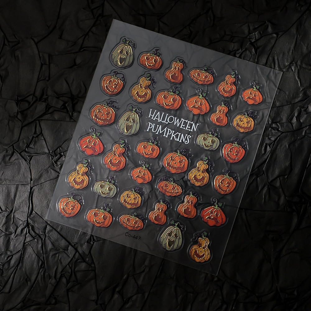 Halloween Nails Stickers Orange Pumpkins Nails Sticker 3D Embossed Horrible Pumpkins Self Adhesive Sticker Nail Decals Green Yellow Nail Art Decal Halloween Decals for Nail DIY Manicure 1Sheet