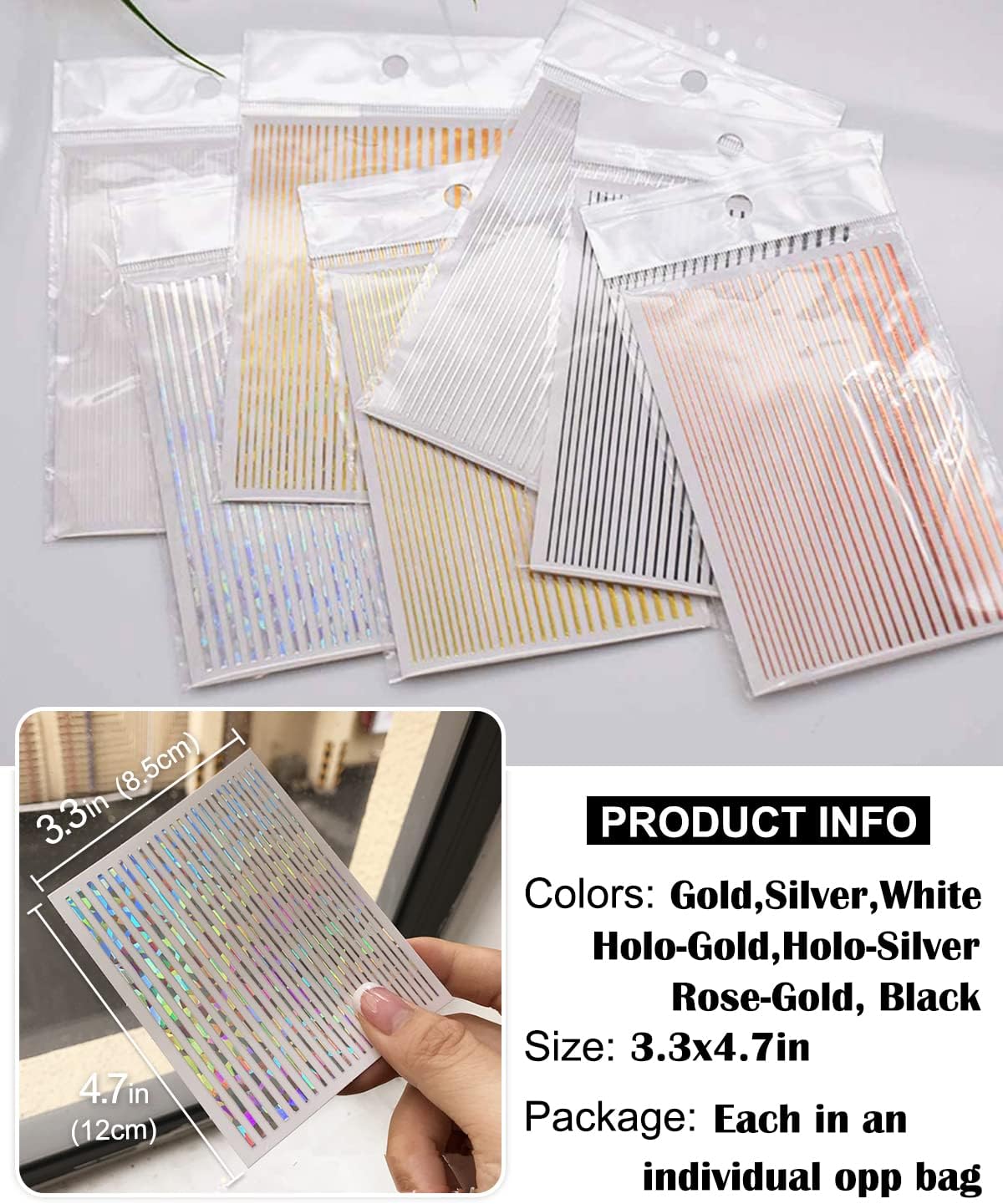 7 Sheets Nail Striping Tape Metallic Lines French Tip Manicure Strip Adhesive Holographic Foil Design Gold Sticker Decals for Nail Art