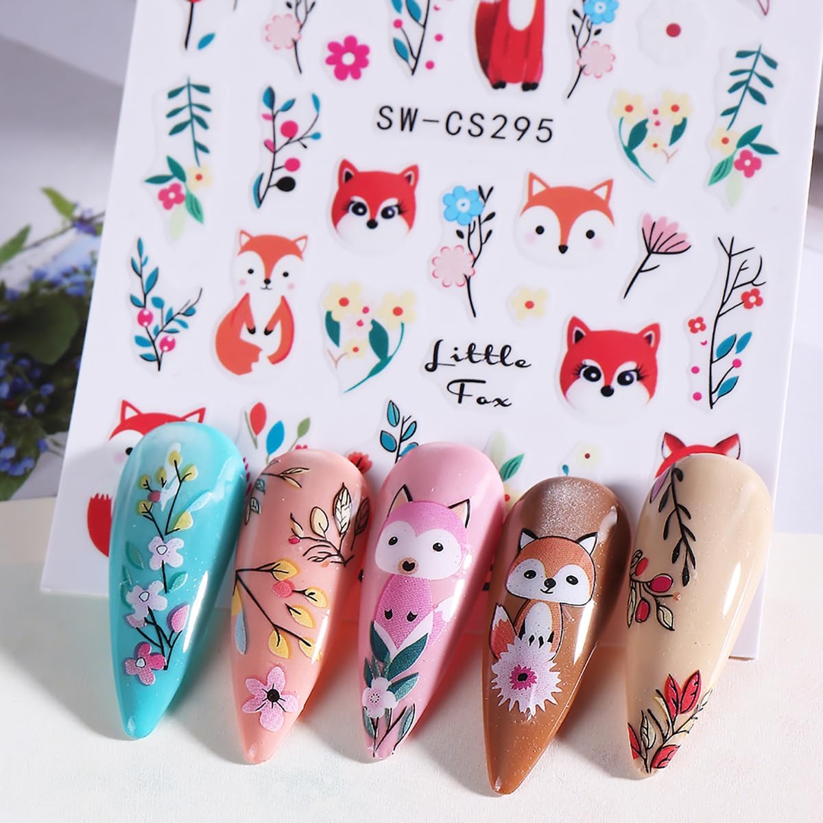 Fall Nail Art Stickers, Cute Fox Nail Art Decals 3D Self-Adhesive Cotton Fox Nails Stickers Autumn Blossom Flowers Nail Design 6Pcs Nail Art Supplies for Women Nail Decoration