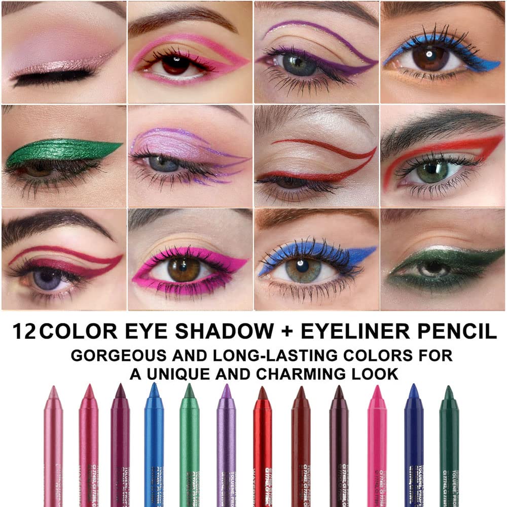 evpct 6Pcs Dark Light Royal Blue Emerald Green Purple Colored Glitter Eyeliner Pencils Set Women Waterproof
