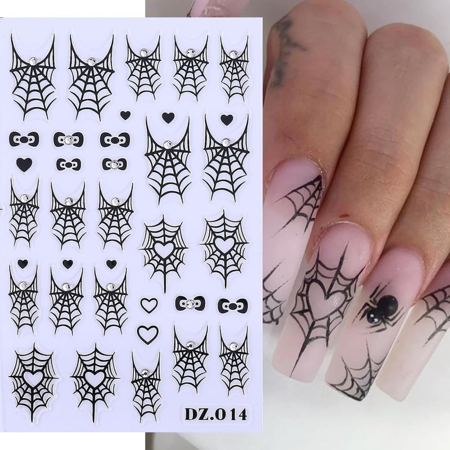 4PCS Halloween Nail Art Stickers Black Spider Web Spider Nail Decals with Rhinestone Crystal Spider Web Spider Nail Stickers Cute Bow Heart Halloween Nail Art Supplies for Women Manicure Decorations